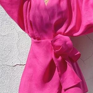 Pink V-neck Lantern Sleeve Wrap Dress